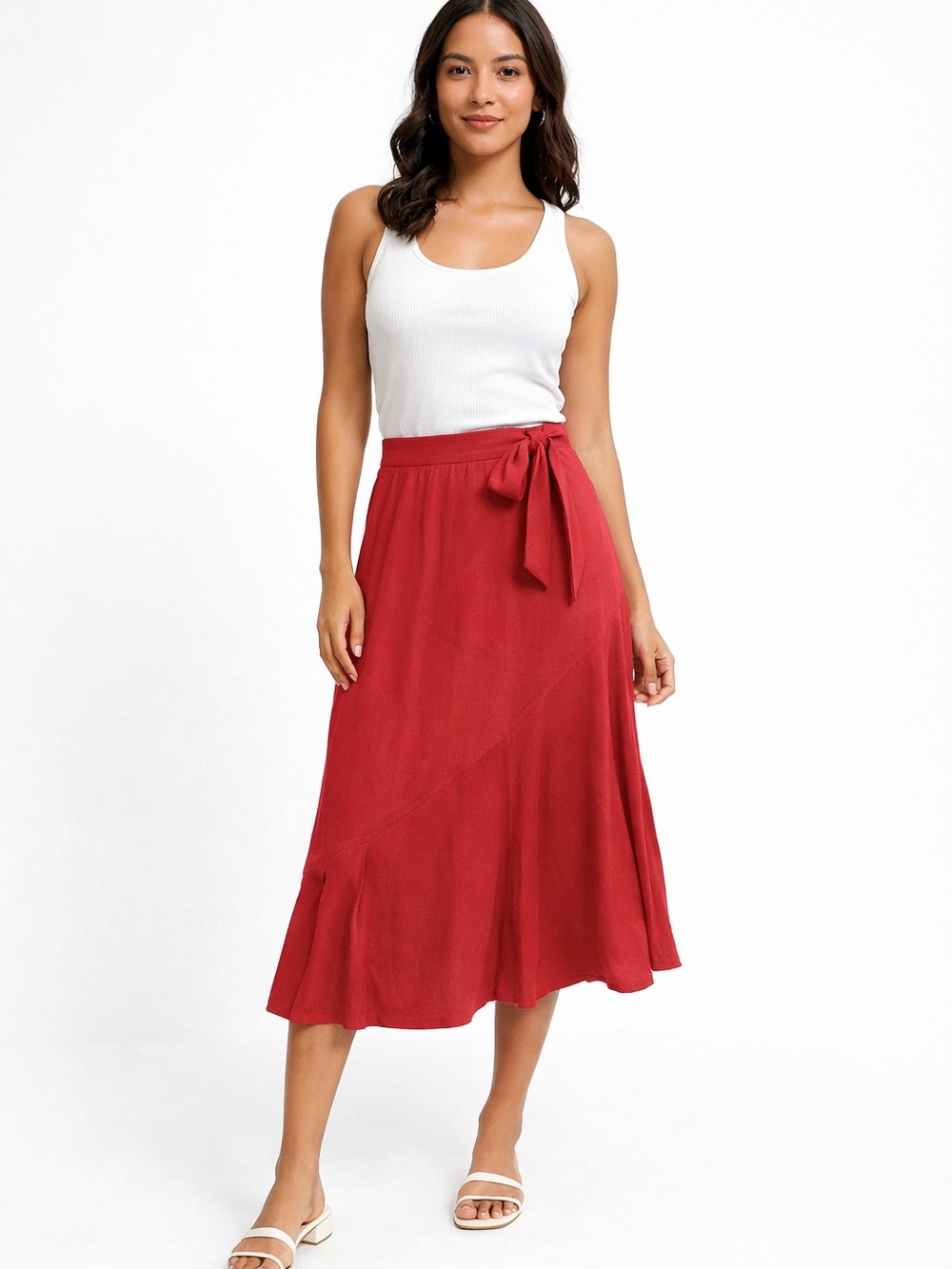 Tie-Waist Midi Skirt in Brick Red